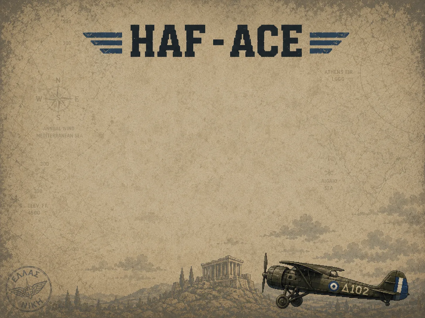 HAF ACE key art: a wartime map of Greece with the Acropolis and a PZL P.24 marked Δ102